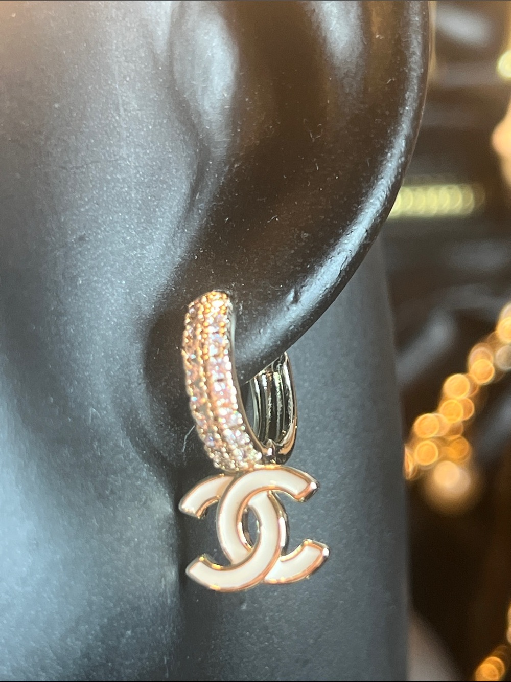 White Enamel Logo Drop Earrings with Crystal Pavé Hoop